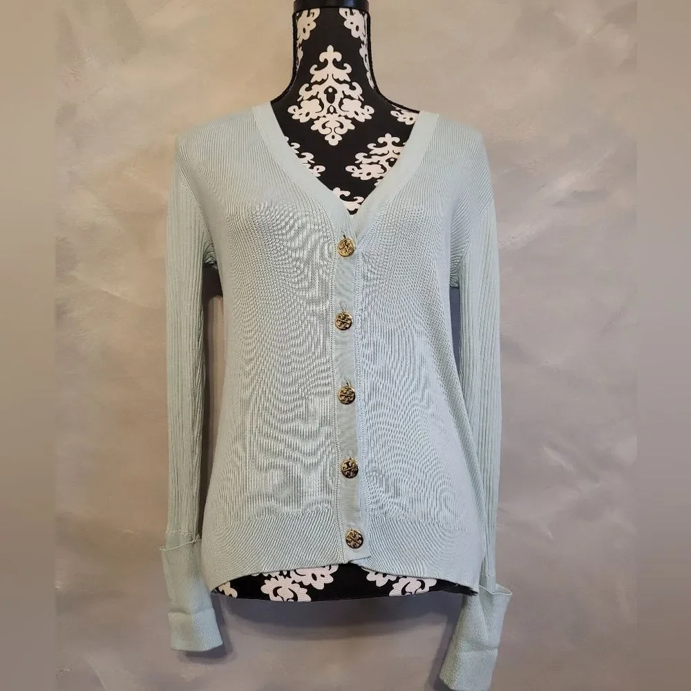 Tory Burch Simone Ribbed Button Down Cardigan Blue Gold Cotton Sz S